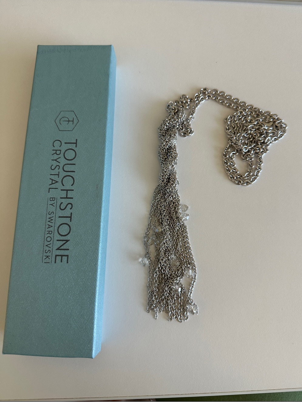 Touchstone Crystal Silver Multi-Chain Tassel Necklace With Clear Crystals